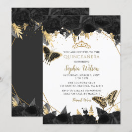 Elegant Black Guld Blommigt Butterfly Quinceañera Inbjudningar