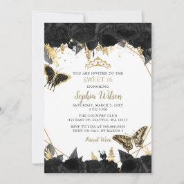 Elegant Black Guld Blommigt Butterfly Sweet 16 Inbjudningar