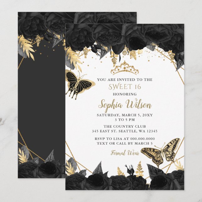 Elegant Black Guld Blommigt Butterfly Sweet 16 Inbjudningar (Fram/baksida)