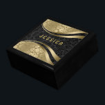 Elegant Black & Guld Blommigt Damask Mönster Smyckeskrin<br><div class="desc">Elegantens svarta och guld-blommigtens dämpningar,  monogrammets gigantiska utformning.</div>
