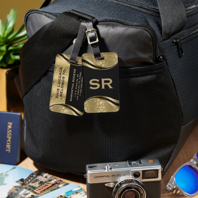 Elegant Black & Guld Blommigt Damasker Mönster 2 L Bagagebricka (Fram & Baksida)