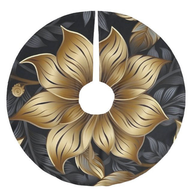Elegant Black Guld Blommigt Design jul Julgransmatta Borstad Polyester (Framsidan)