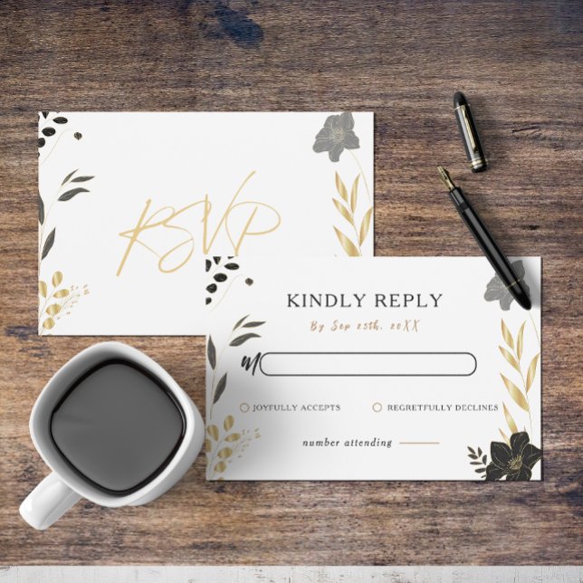 Elegant Black Guld Blommigt Elegant bröllop OSA Anteckningskort (Elegant Black Gold Floral Elegant Wedding RSVP Note Card)
