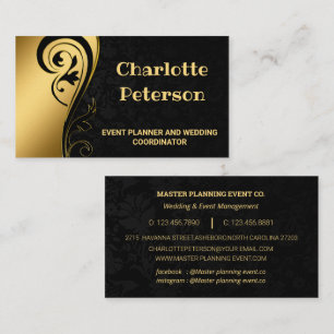 Elegant Black & Guld Blommigt Event Planner Busine Visitkort