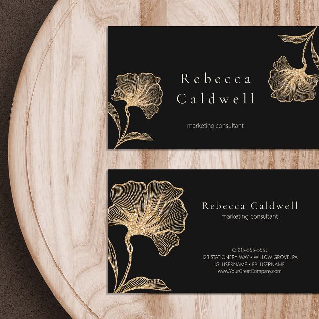 Elegant Black Guld Blommigt Feminine Visitkort (Elegant Black Gold Floral Feminine Business Card)