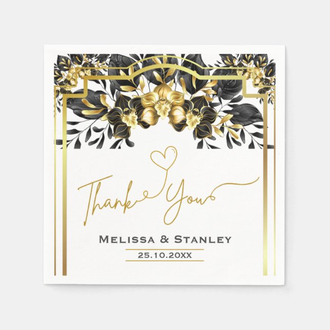 Elegant Black Guld Blommigt Geometric Bröllop Pappersservett (Framsidan)