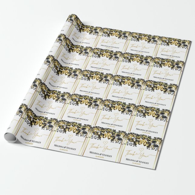 Elegant Black Guld Blommigt Geometric Bröllop Presentpapper (Utrullad)