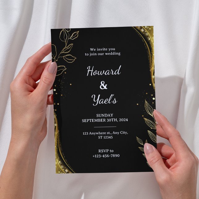Elegant Black Guld Blommigt | Löv Design Bröllop Inbjudningar (Skapare uppladdad)
