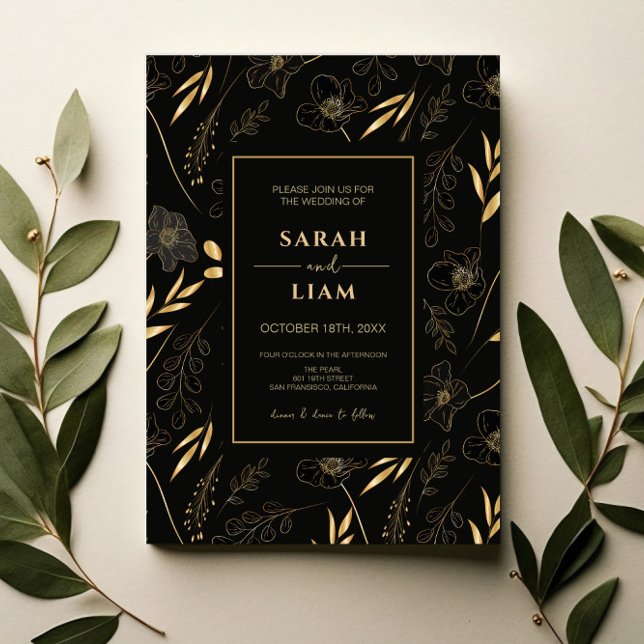 Elegant Black Guld Blommigt Luxury Romantic Bröllo Inbjudningar (Skapare uppladdad)
