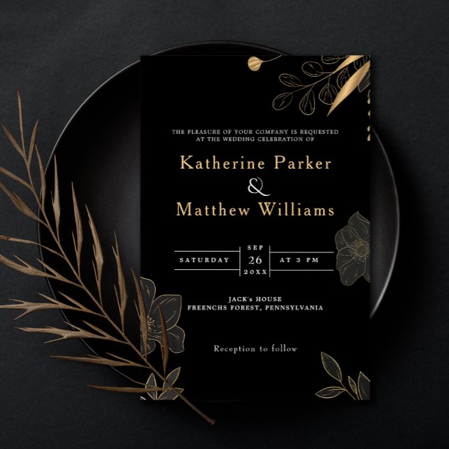 Elegant Black & Guld Blommigt - minimalistiskt fot Inbjudningar (Modern Elegant Luxury Black and Gold Floral Wedding invitation card)