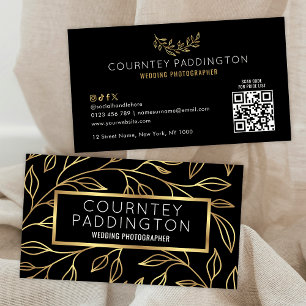 Elegant Black & Guld Blommigt Modern Snyggt QR-kod Visitkort