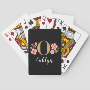 Elegant Black Guld Blommigt Monogram Initial Casinokort