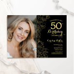Elegant Black Guld Blommigt Photo 50:e födelsedage Inbjudningar<br><div class="desc">Black guld blommigt 50 födelsedagsfest inbjudan med ditt foto på kortets framsida. Minimalistisk modern design med botaniska konturaccenter för teckning, faux guld-folie och typografi-skript. Enkel inbjudan-kortsperfekt för trendig för en snyggt kvinna på dagen firande. Kan anpassas till vilken ålder som helst. Skrivna Zazzle-inbjudningar eller digital utskrivbar mall för omedelbar nedladdning....</div>