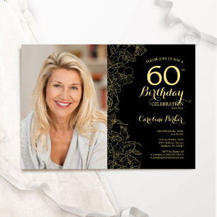 Elegant Black Guld Blommigt Photo 60:e födelsedage Inbjudningar