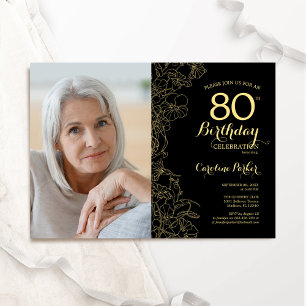 Elegant Black Guld Blommigt Photo 80:e födelsedage Inbjudningar