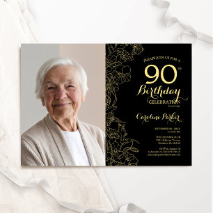 Elegant Black Guld Blommigt Photo 90:e Birthday Inbjudningar