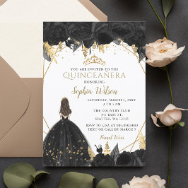 Elegant Black Guld Blommigt Princess Quinceañera I Inbjudningar