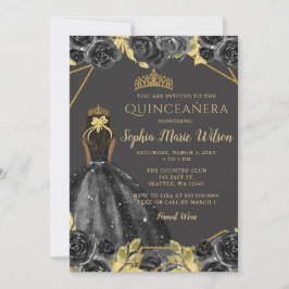 Elegant Black Guld Blommigt Princess Quinceañera Inbjudningar
