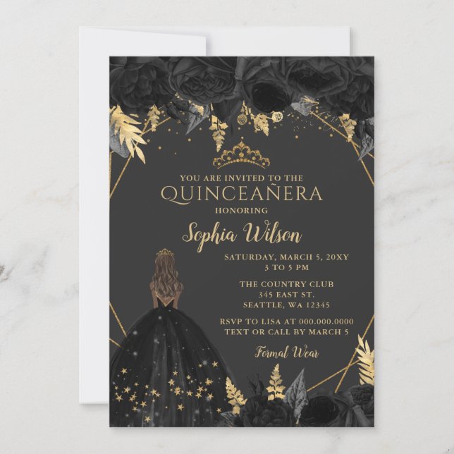 Elegant Black Guld Blommigt Princess Quinceañera Inbjudningar (Framsida)