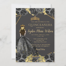 Elegant Black Guld Blommigt Princess Quinceañera