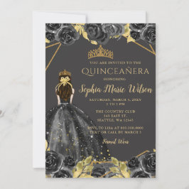 Elegant Black Guld Blommigt Princess Quinceañera Inbjudningar