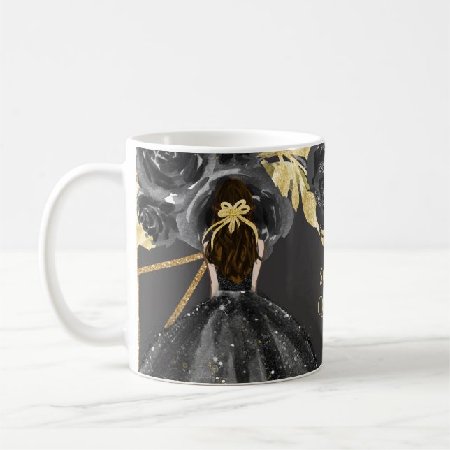 Elegant Black Guld Blommigt Princess Quinceanera Kaffemugg (Vänster)