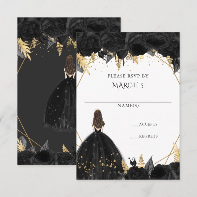 Elegant Black Guld Blommigt Princess Quinceanera OSA Kort (Fram/baksida)