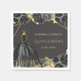 Elegant Black Guld Blommigt Princess Quinceanera Pappersservett