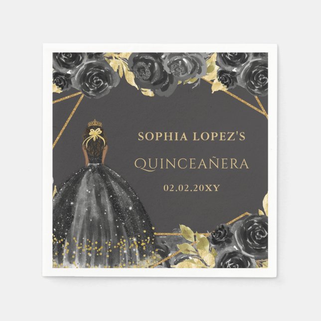 Elegant Black Guld Blommigt Princess Quinceanera Pappersservett (Framsidan)