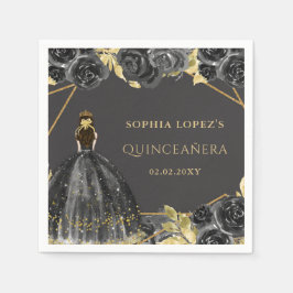 Elegant Black Guld Blommigt Princess Quinceanera Pappersservett
