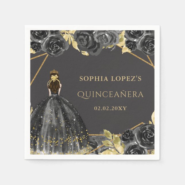 Elegant Black Guld Blommigt Princess Quinceanera Pappersservett (Framsidan)