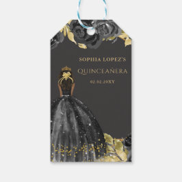 Elegant Black Guld Blommigt Princess Quinceanera Presentetikett