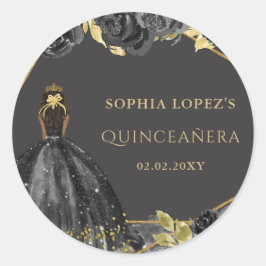 Elegant Black Guld Blommigt Princess Quinceanera Runt Klistermärke