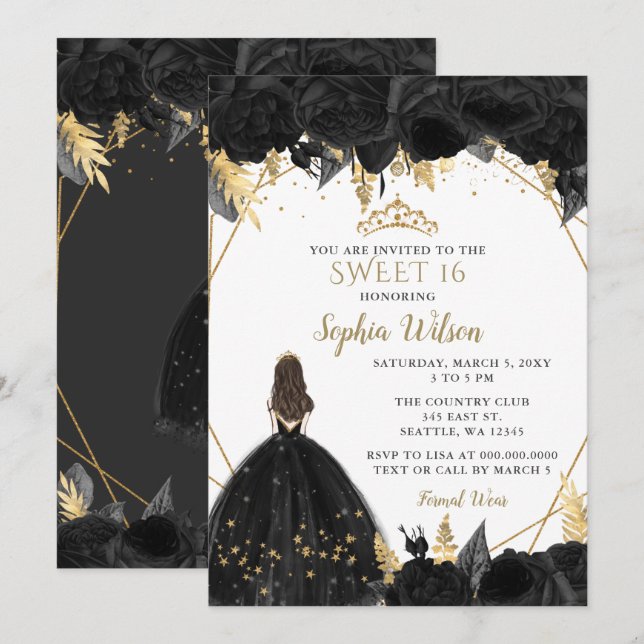 Elegant Black Guld Blommigt Princess SWEET 16 Inbjudningar (Fram/baksida)