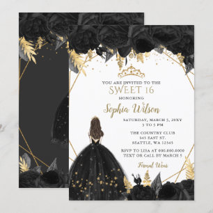 Elegant Black Guld Blommigt Princess SWEET 16 Inbjudningar