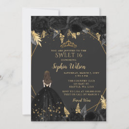 Elegant Black Guld Blommigt Princess SWEET 16 Inbjudningar