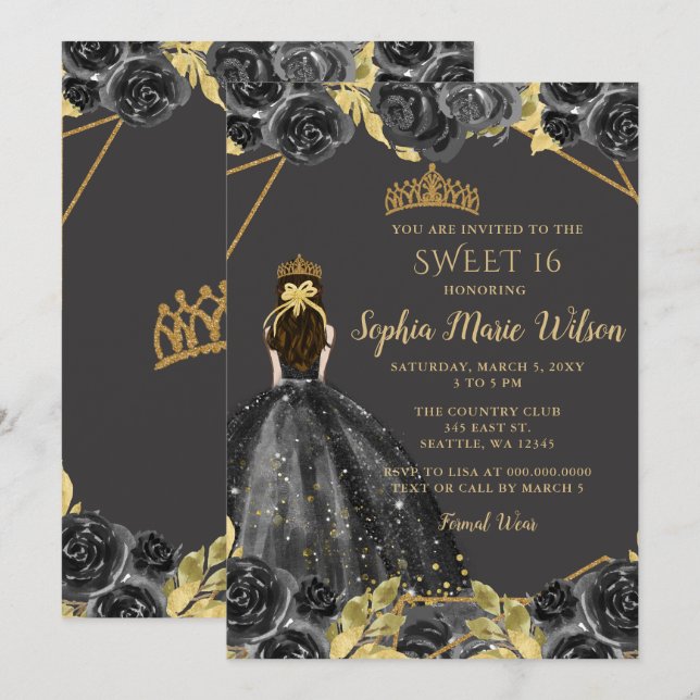 Elegant Black Guld Blommigt Princess SWEET 16 Inbjudningar (Fram/baksida)