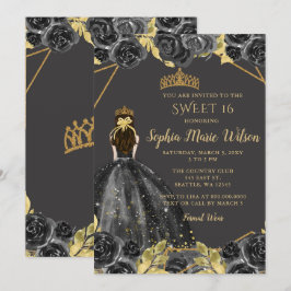 Elegant Black Guld Blommigt Princess SWEET 16 Inbjudningar