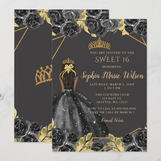 Elegant Black Guld Blommigt Princess SWEET 16 Inbjudningar (Fram/baksida)