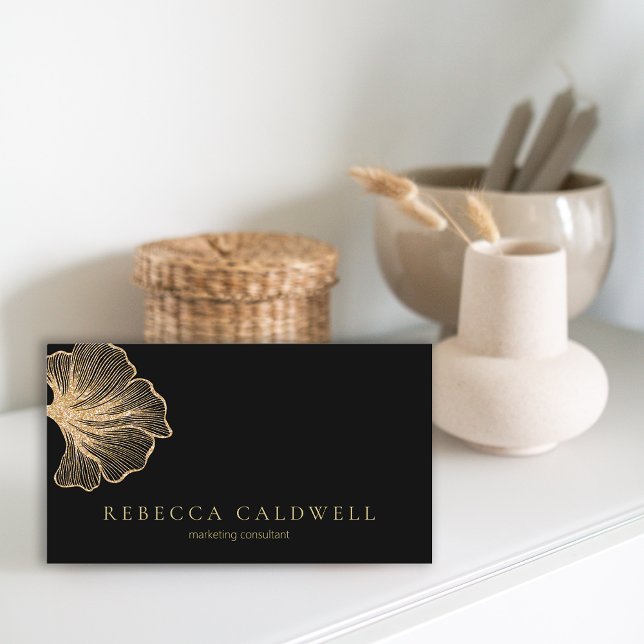 Elegant Black Guld Blommigt QR-kod Visitkort (Elegant Black Gold Floral QR Code Business Card)