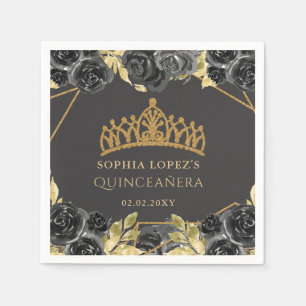 Elegant Black Guld Blommigt Tiara Quinceanera Pappersservett