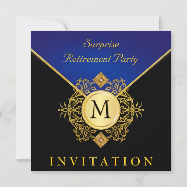 Elegant Black Guld Blue Monogram Inbjudan 2 (Framsida)