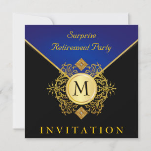 Elegant Black Guld Blue Monogram Inbjudan 2