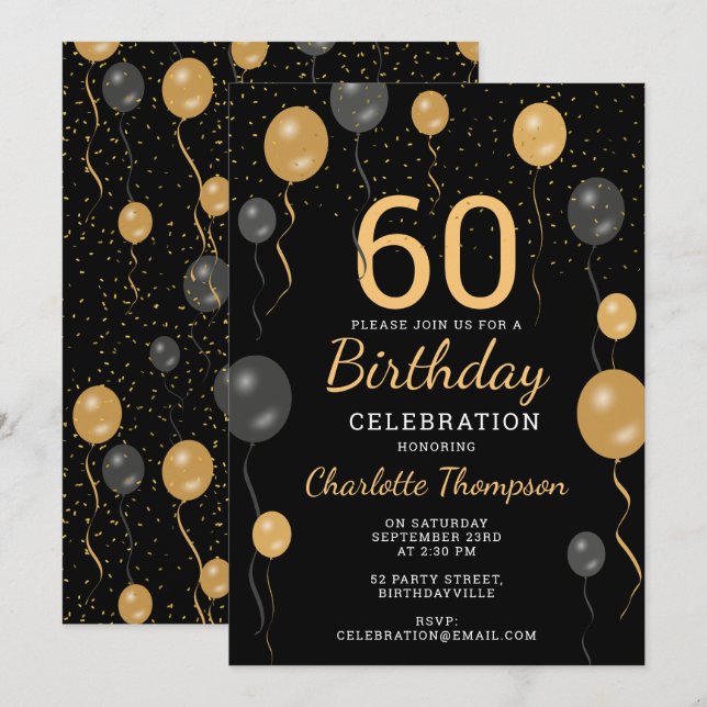 Elegant Black & Guld-bubblor 60:e Födelsedagsfeste Inbjudningar (Fram/baksida)