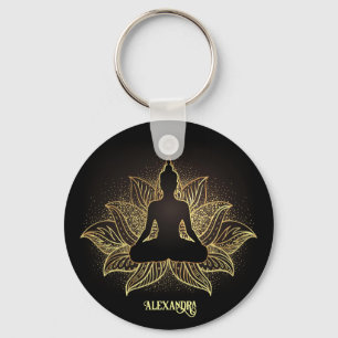 Elegant Black Guld Buddha Meditation Lotus Flower Nyckelring