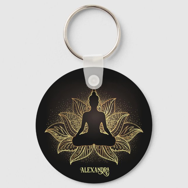 Elegant Black Guld Buddha Meditation Lotus Flower Nyckelring (Framsida)