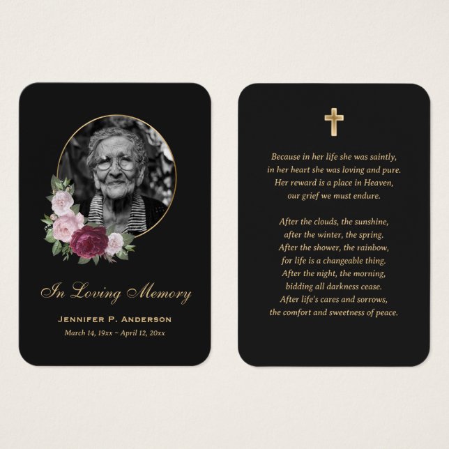 Elegant Black Guld Burgundy Blommigt Memorial Card Visitkort (Framsida & baksida)