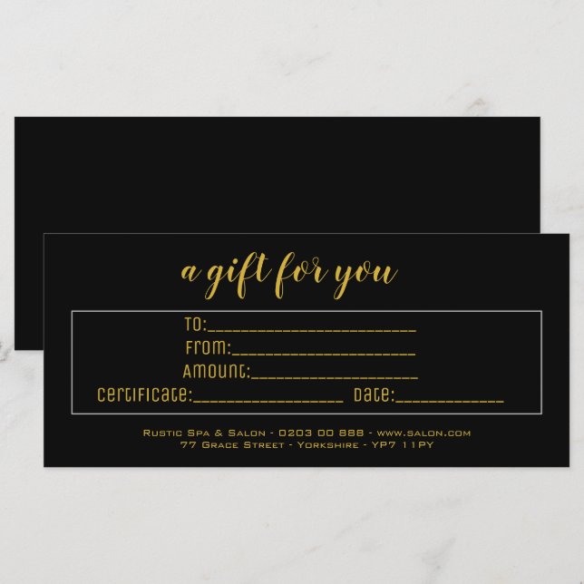Elegant Black & Guld Business Gift Certificate (Fram/baksida)