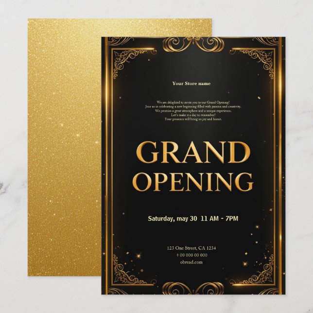 Elegant Black & Guld Business Grand Open Inbjudan (Fram/baksida)