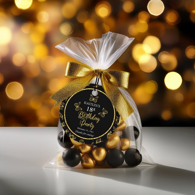 Elegant Black Guld Butterflies 18:e Födelsedagsfes Gåvor Etiketter (Elegant Black and Faux Gold Butterflies 18th Birthday Party  Party Favor Tags)